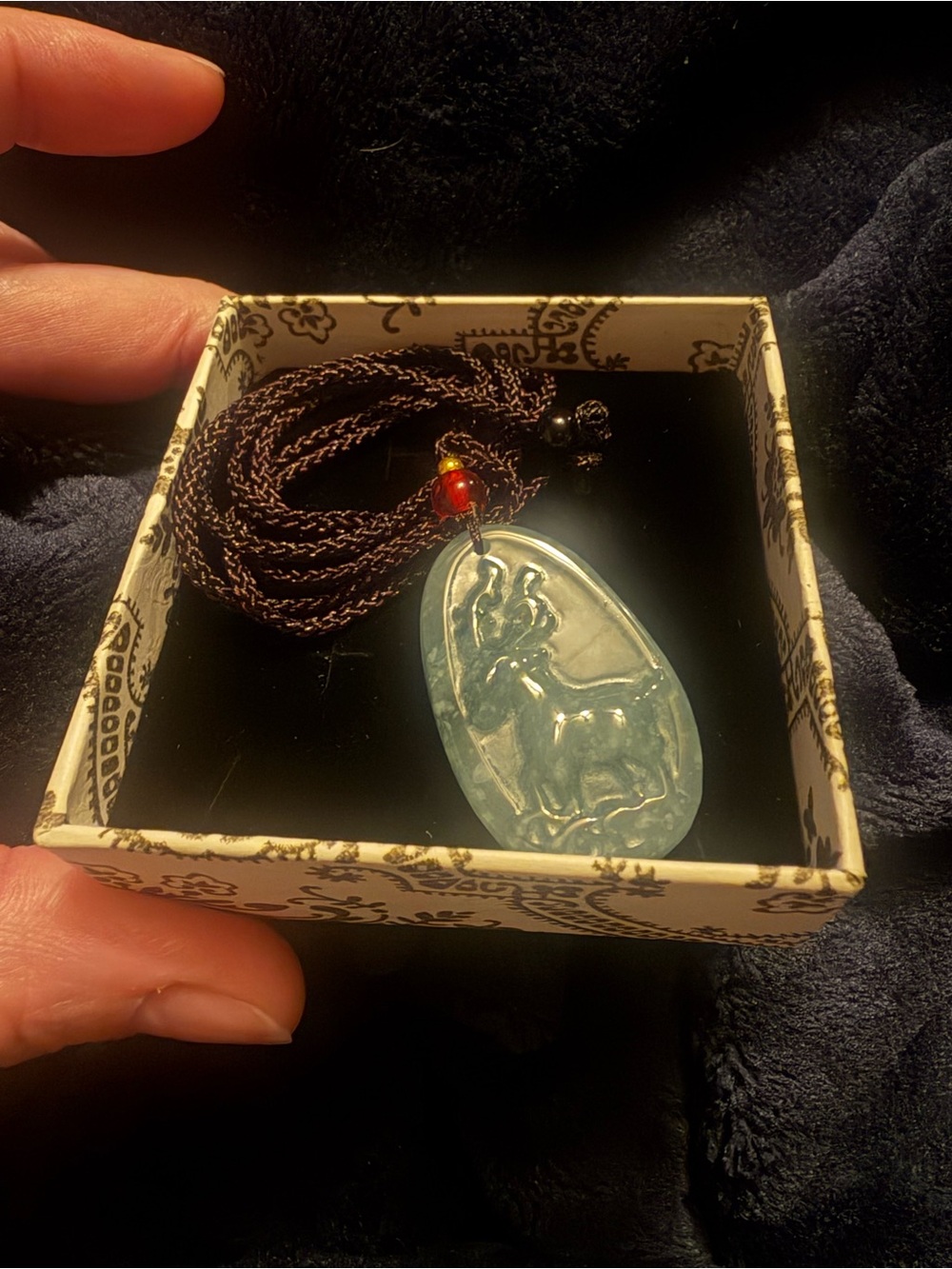 Handcrafted Natural Grade A Green Jade Deer Pendant Necklace with Brown Cord